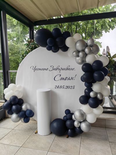 Украса с арка с балони за абитурентски бал, юбилей, рожден ден или кръщение